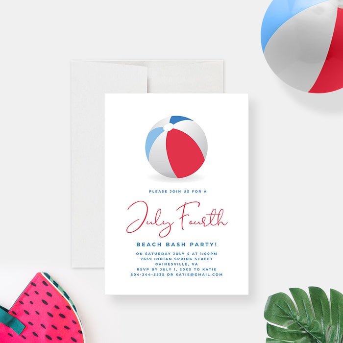 Fourth of July beach bash invitation featuring a red, white, and blue beach ball design-front