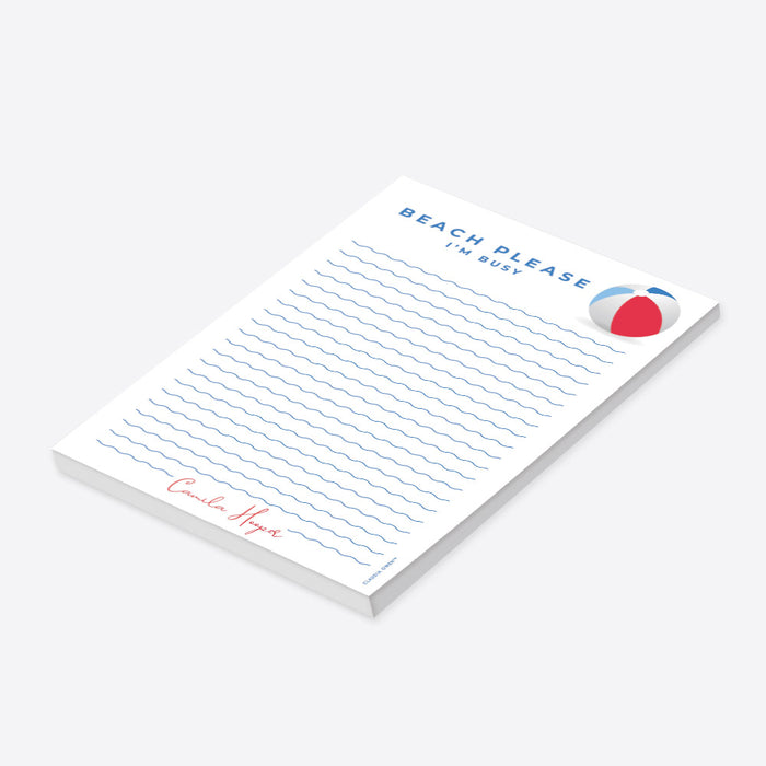 “Beach Please I’m Busy” personalized notepad with beach ball and wave lines design-side