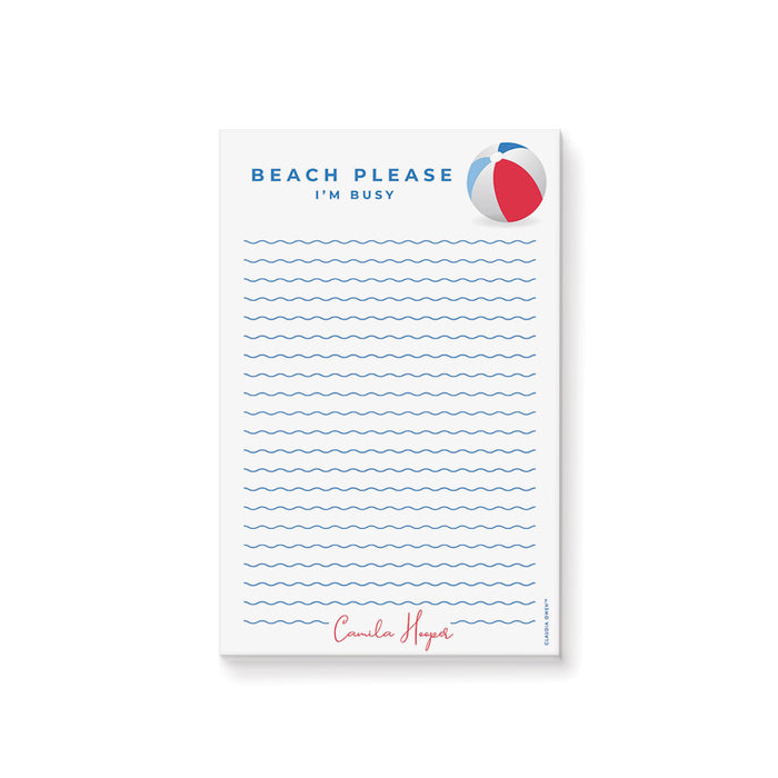 “Beach Please I’m Busy” personalized notepad with beach ball and wave lines design