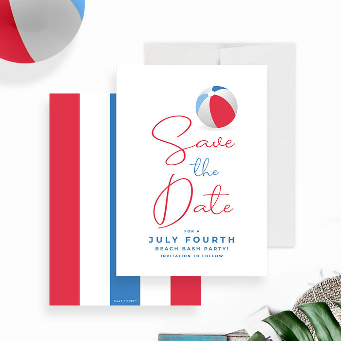 Fourth of July save the date card featuring a patriotic red, white, and blue beach ball design-front-back