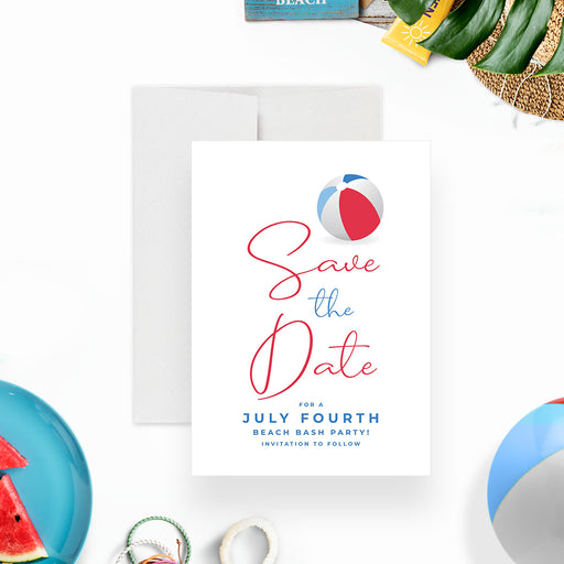 Fourth of July save the date card featuring a patriotic red, white, and blue beach ball design-front