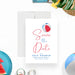 Fourth of July save the date card featuring a patriotic red, white, and blue beach ball design-front