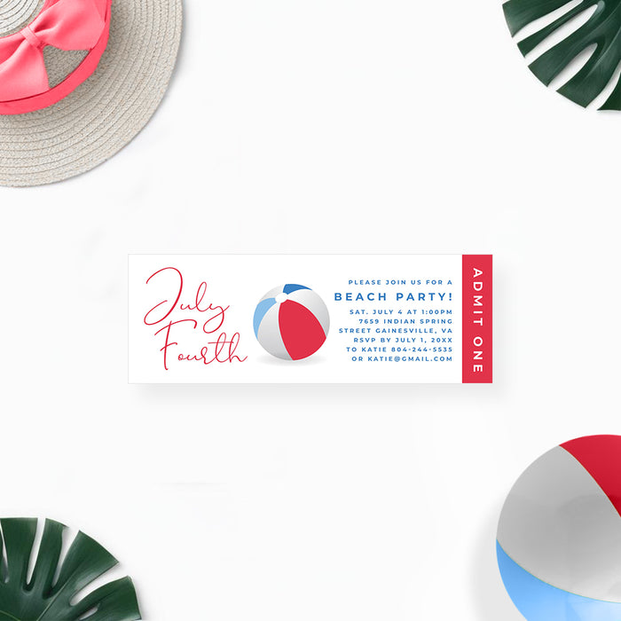 Fourth of July beach party ticket invitation featuring a red, white, and blue beach ball design