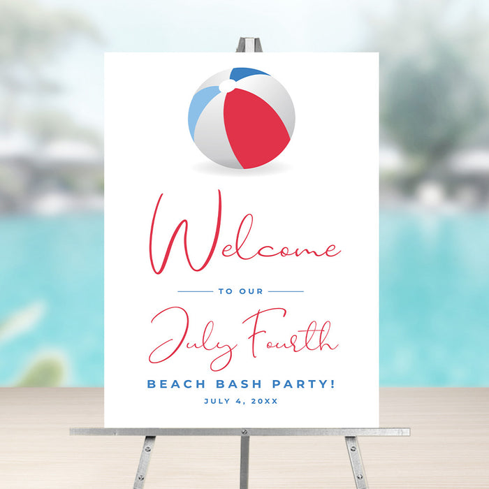 Fourth of July beach bash welcome sign with red, white, and blue beach ball design
