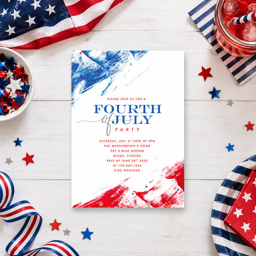 Personalized Fourth of July party invitation with red, white and blue brushstrokes, stars, and custom event details-front