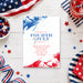 Personalized Fourth of July party invitation with red, white and blue brushstrokes, stars, and custom event details-front