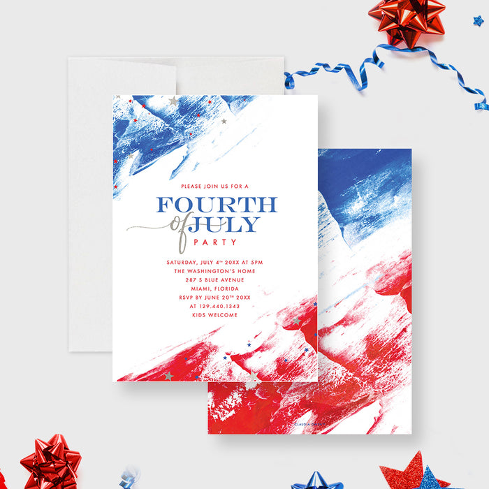 Fourth of July Invitation Card in Red White and Blue, American Flag Inspired Invitations for July 4th Celebration, American Pride Invites