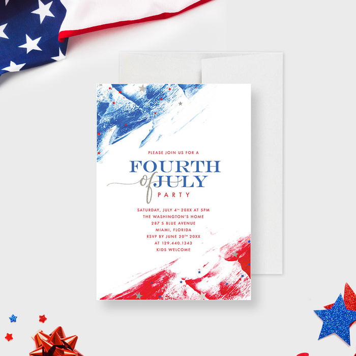 Fourth of July Invitation Card in Red White and Blue, American Flag Inspired Invitations for July 4th Celebration, American Pride Invites