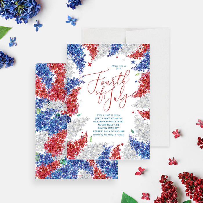 Personalized 4th of July invitation featuring red, white, and blue flowers for Independence Day celebrations-front-back