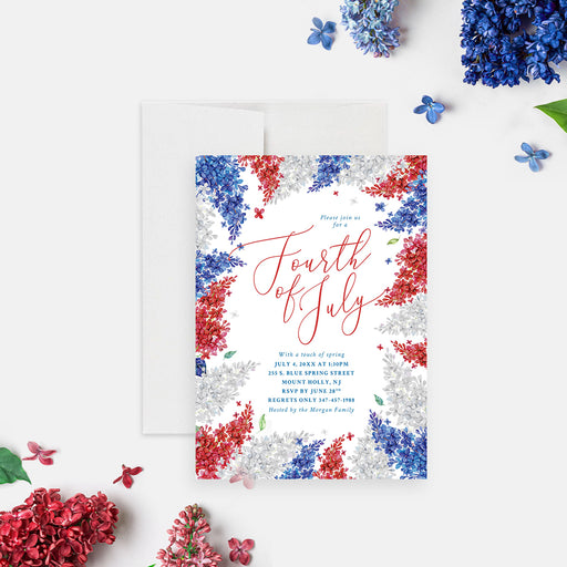 Personalized 4th of July invitation featuring red, white, and blue flowers for Independence Day celebrations-front