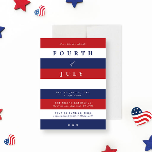 Fourth of July invitation featuring red, white, and blue stripes with a small patriotic star design for Independence Day celebrations.-front