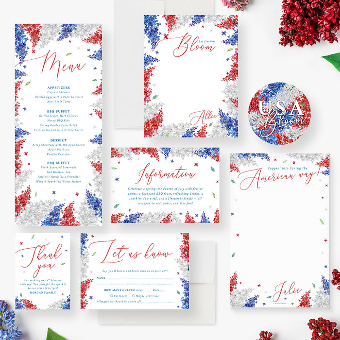 Fourth of July Party Invitation Red White Blue Floral Design