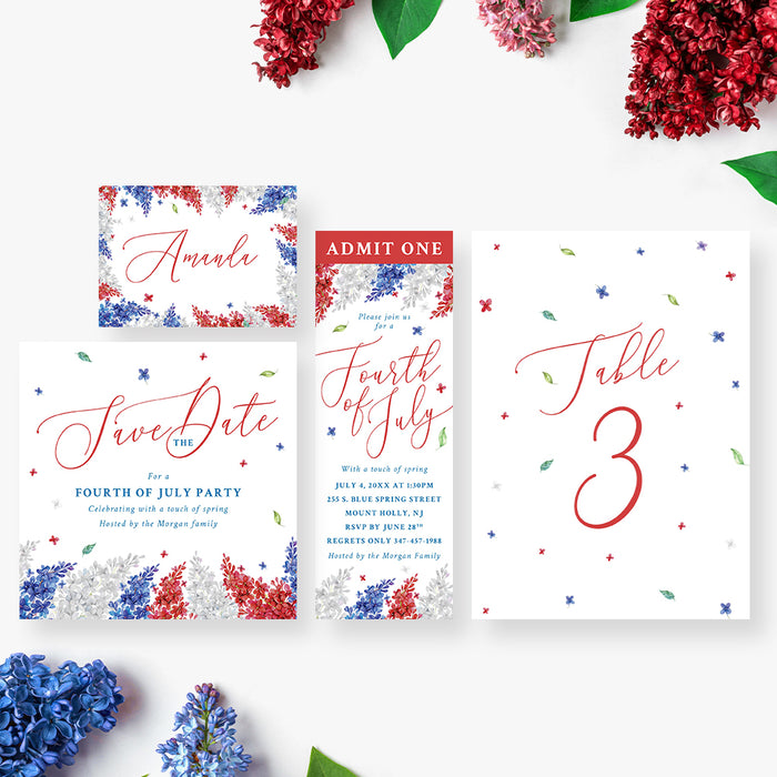 Fourth of July Party Invitation Red White Blue Floral Design