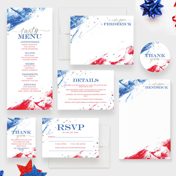 Fourth of July Invitation Card in Red White and Blue, American Flag Inspired Invitations for July 4th Celebration, American Pride Invites