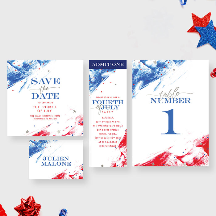 Fourth of July Invitation Card in Red White and Blue, American Flag Inspired Invitations for July 4th Celebration, American Pride Invites