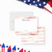 Fourth of July Note Cards with Red Watercolor Stripes. Front and matching red watercolor stripes on a white back displayed with a white envelope.