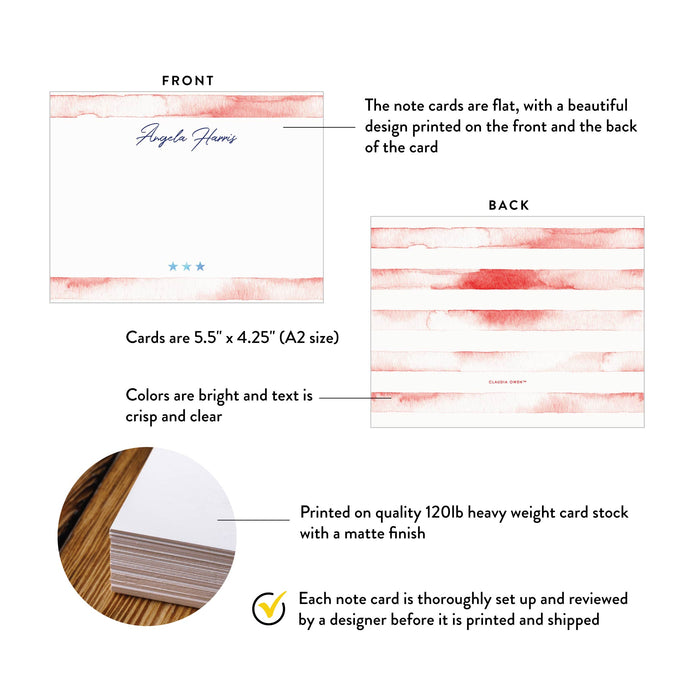 Product details for fourth of july note cards with red watercolor stripes: front and back designs, A2 size, matte cardstock, and design proof.