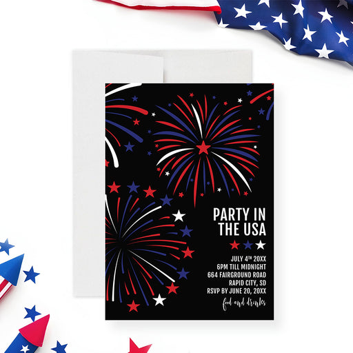 4th of July fireworks invitation with red white and blue design on black background-front