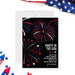 4th of July fireworks invitation with red white and blue design on black background-front