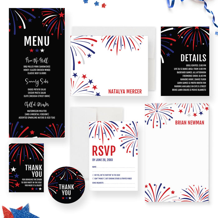 Fourth of July Party Invitation with Patriotic Fireworks Design