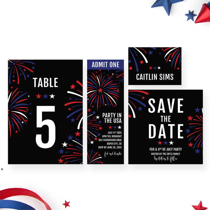 Fourth of July Party Invitation with Patriotic Fireworks Design
