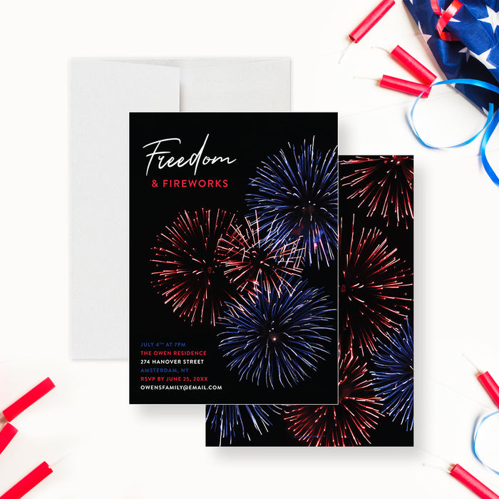 Fourth of July party invitation featuring a vibrant red and blue fireworks illustration-front-back