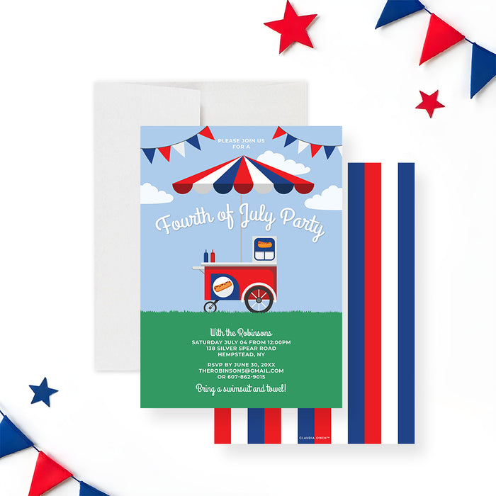 Fourth of July party invitation featuring a patriotic hot dog cart, a red, white, and blue umbrella, and a festive summer outdoor design-front-back