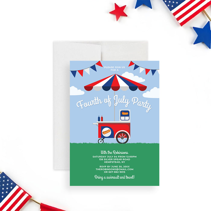 Fourth of July party invitation featuring a patriotic hot dog cart, a red, white, and blue umbrella, and a festive summer outdoor design-front