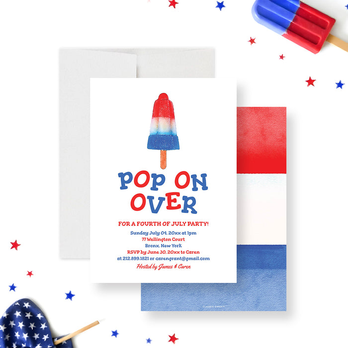 4th of July invitation card featuring a red, white, and blue popsicle with the text “Pop On Over” for a summer holiday party.-front-back