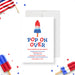 4th of July invitation card featuring a red, white, and blue popsicle with the text “Pop On Over” for a summer holiday party.-front
