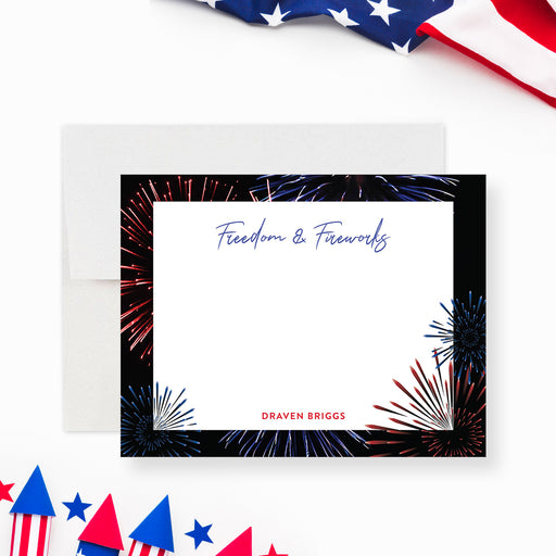 Fourth of July thank you card featuring red white and blue fireworks on a black background-front