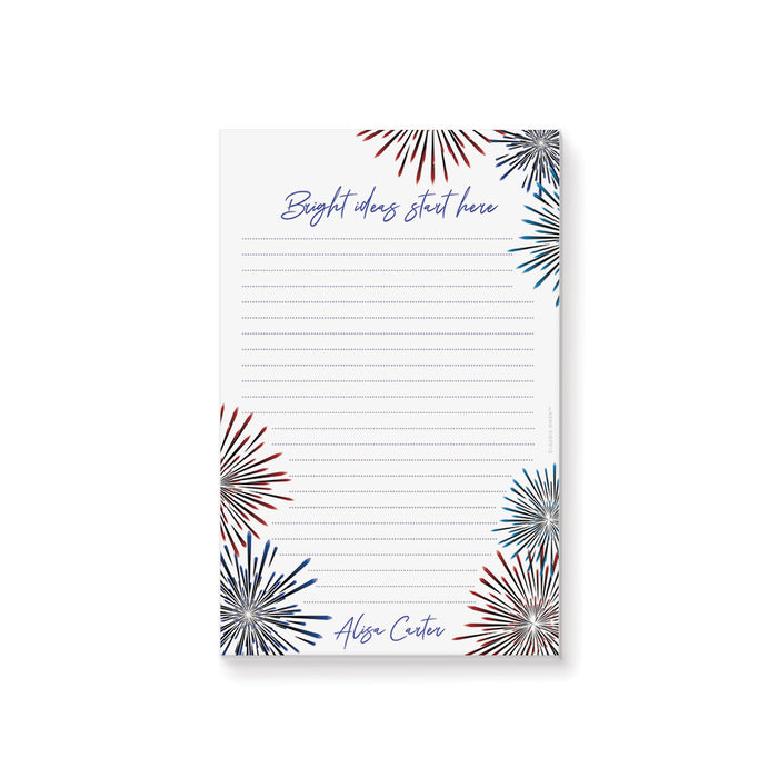 Personalized “Bright ideas start here” notepad featuring a patriotic fireworks illustration 
