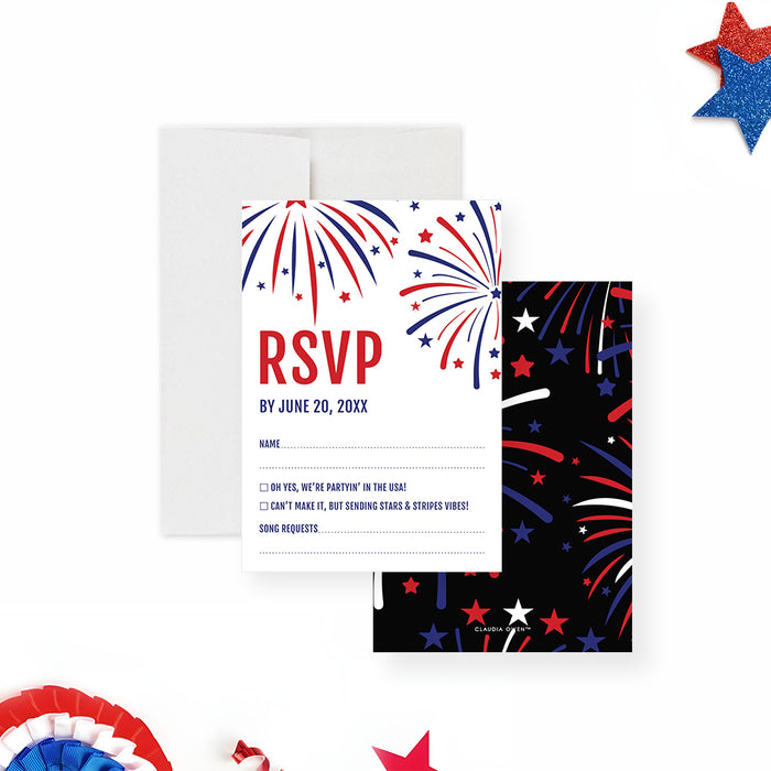 Fourth of July Party Invitation with Patriotic Fireworks Design