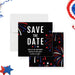 Fourth of July save the date card with red, white, and blue fireworks on a black background-front-back