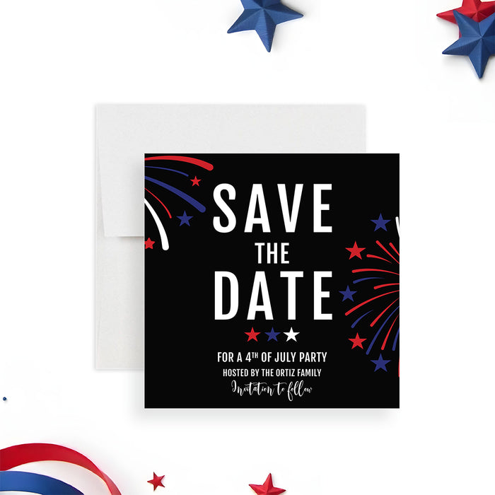 Fourth of July save the date card with red, white, and blue fireworks on a black background-front