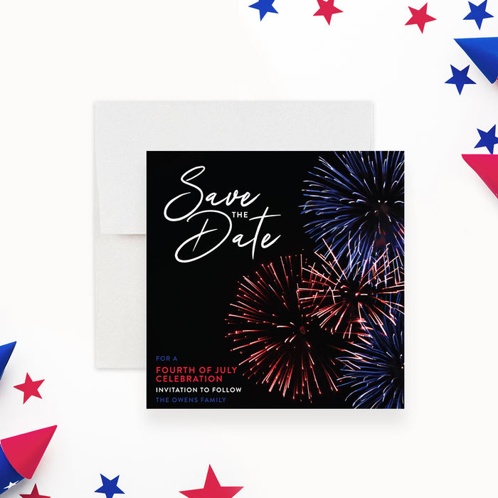 
Fourth of July save the date card featuring red and blue fireworks design-front
