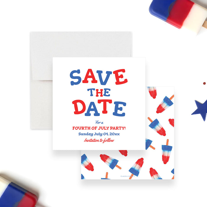 Fourth of July save the date card with red and blue patriotic design-front-back