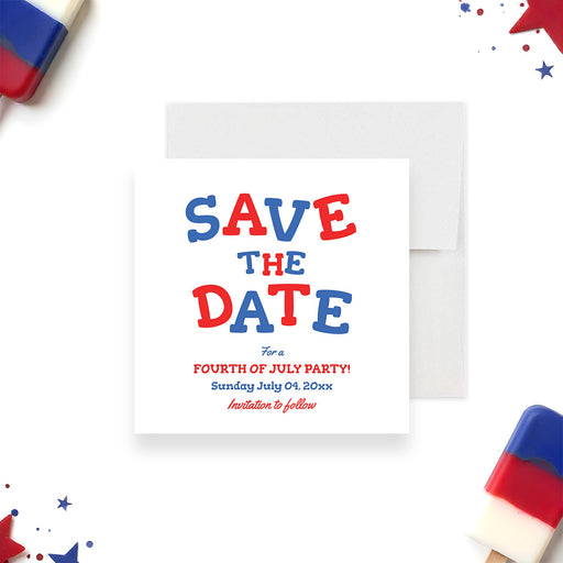Fourth of July save the date card with red and blue patriotic design-front