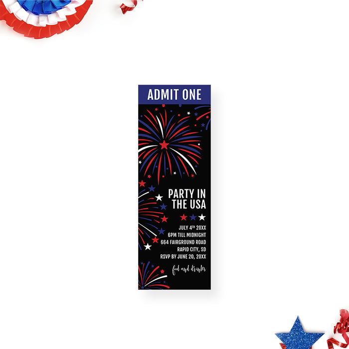 Fourth of July ticket invitation with red, white, and blue fireworks design on black background