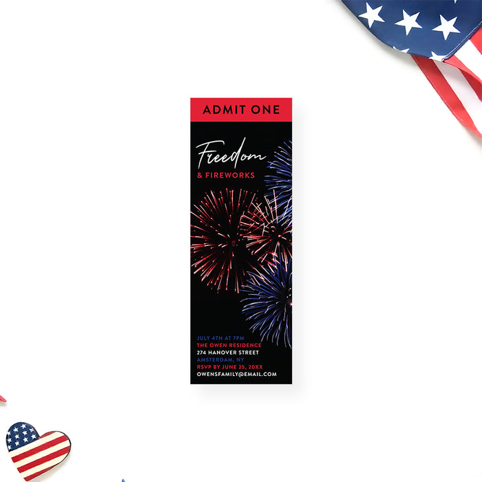 Fourth of July “Freedom and Fireworks“ ticket invitation with patriotic fireworks illustration
