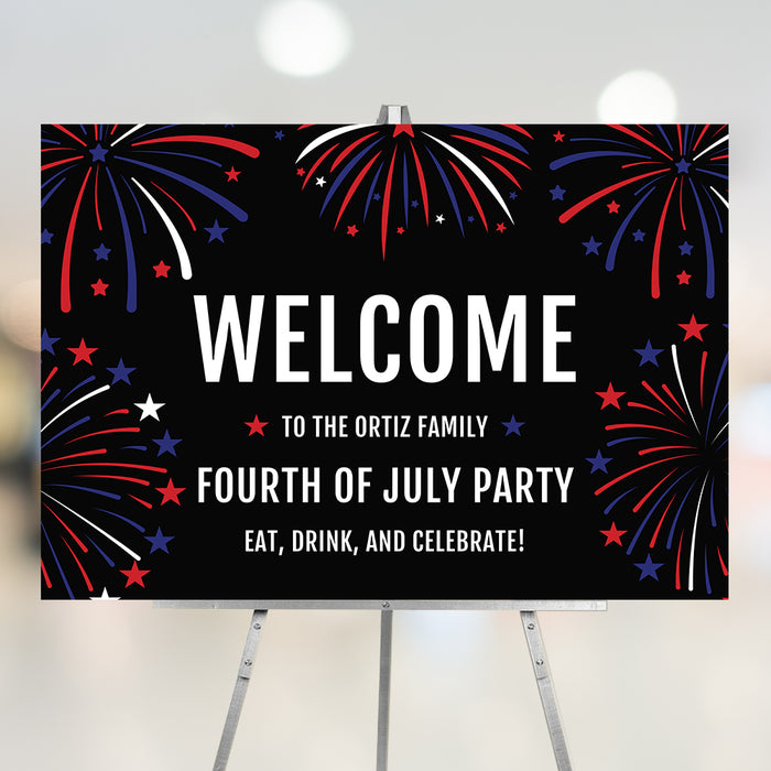 Fourth of July welcome sign with red, white, and blue fireworks on black background
