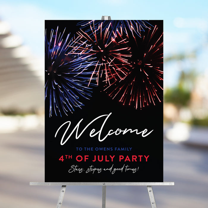 Fourth of July party welcome sign featuring a patriotic fireworks design with red, white, and blue typography