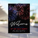 Fourth of July party welcome sign featuring a patriotic fireworks design with red, white, and blue typography
