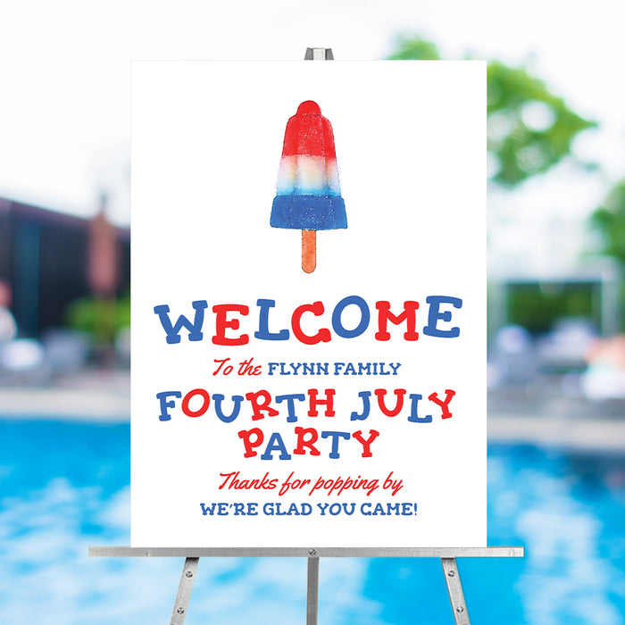 Fourth of July welcome sign featuring a red, white, and blue popsicle design, patriotic summer party entrance decor