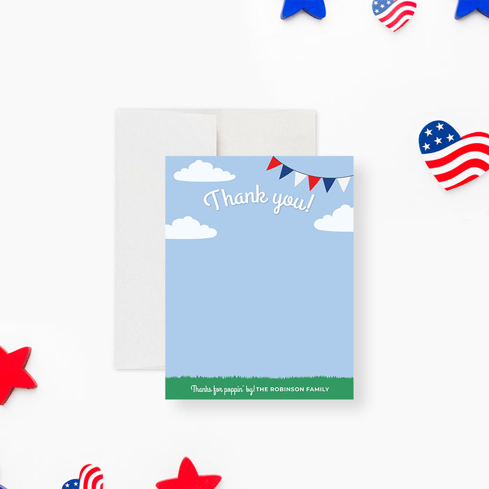 Personalized thank you card with red, white, and blue bunting and a summer sky design for July 4th celebrations-front
