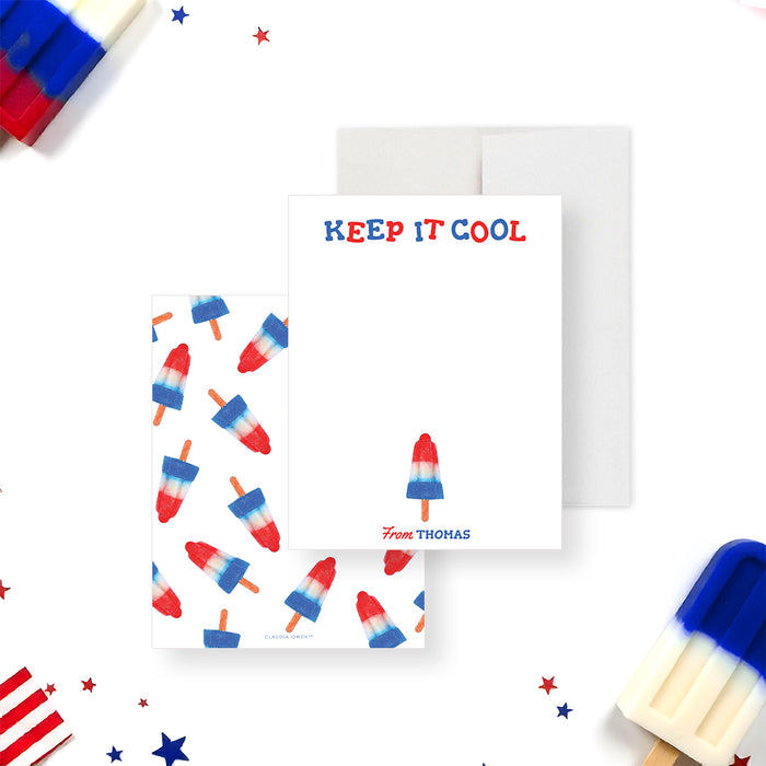 Personalized patriotic popsicle note card with “Keep It Cool” style text and a red, white, and blue ice pop design.-front-back