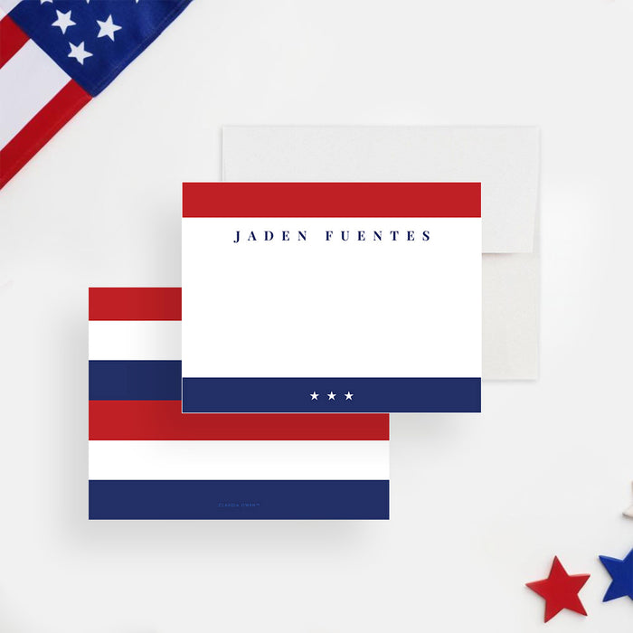Fourth of July personalized note card in red, white, and blue patriotic thank-you card-front-back