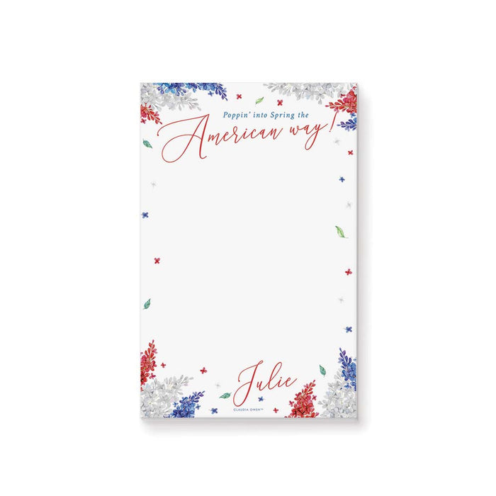 Personalized Fourth of July floral notepad with red, white, and blue flowers