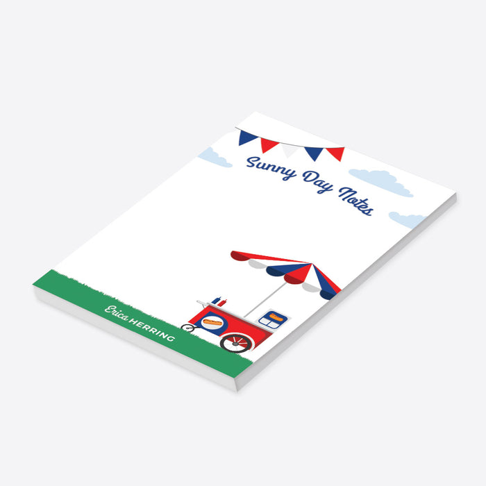 “Sunny Day Notes” Personalized notepad featuring a hot dog cart with red, white, and blue bunting and clouds-side