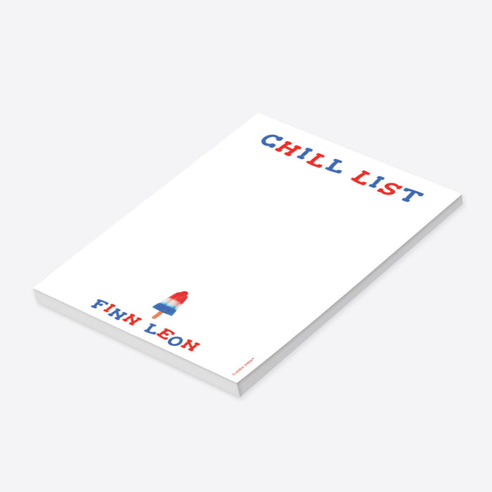 “Chill List” personalized notepad featuring a red, white, and blue popsicle design and playful typography-side